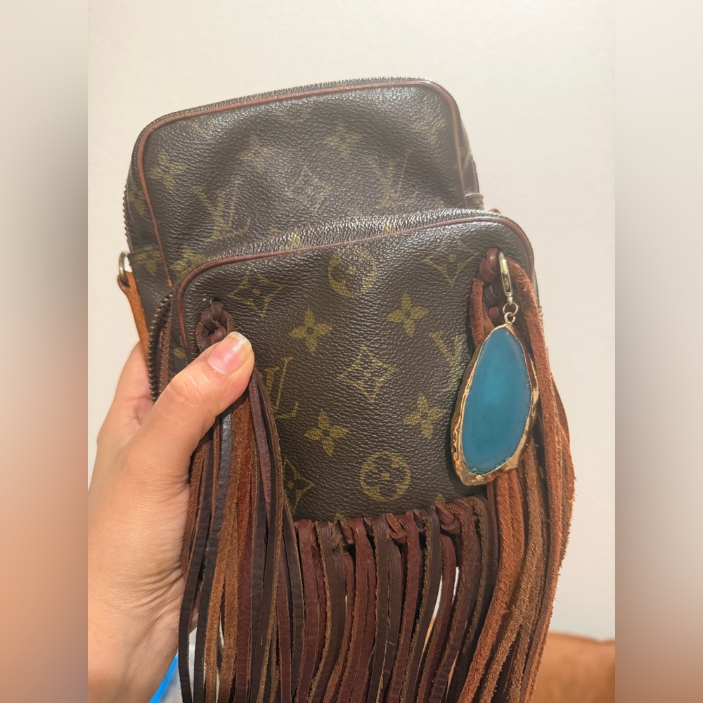Louis Vuitton Brown Crossbody Bag with Fringe and Blue Accent